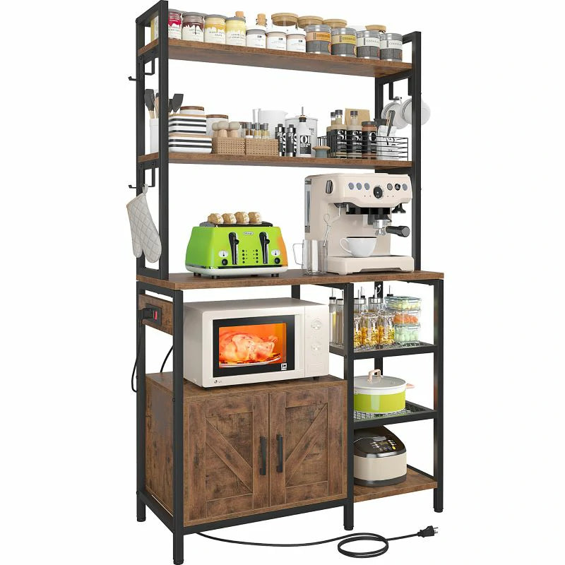 Raybee Bakers Racks for Kitchens with Power Outlet 6-Tier Microwave Stand with Storage Cabinet  Coffee Bar with Hutch & Side Hooks Utility Shelf