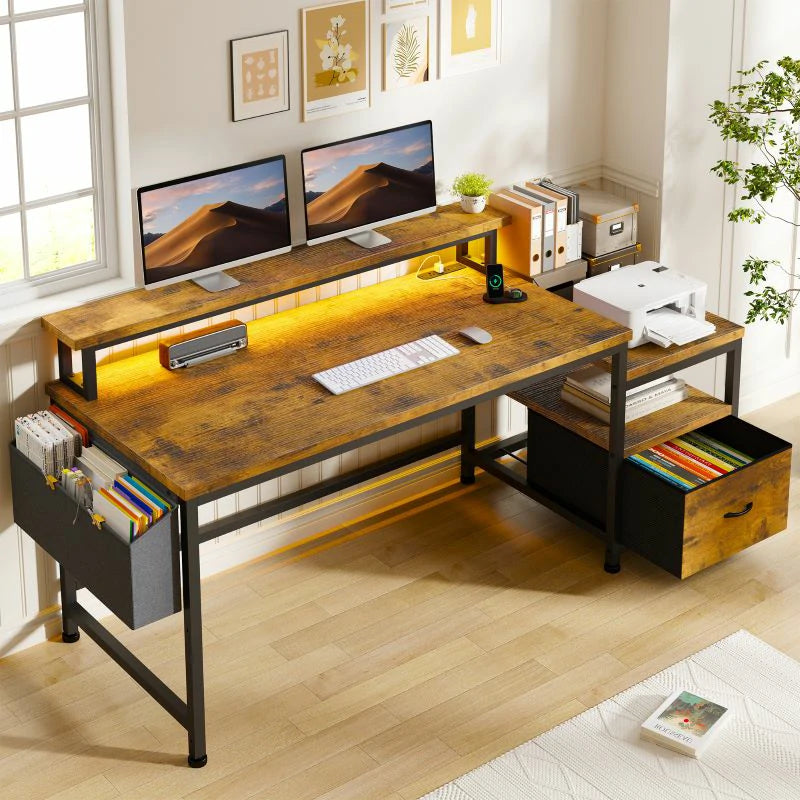 EnHomee 56.5" Gaming Computer Desk with Monitor Stand Shelves, Modern Office Desk with Drawers